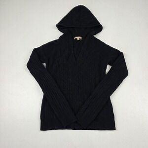 Kier + J Sweater Womens Small Black Cashmere Hooded V Neck Pullover Cable Knit